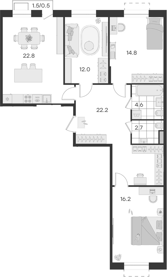 Планировка — Театральный, 3-комн., 95 м²