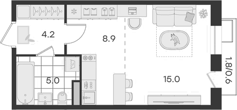Планировка — Театральный, Студия, 33 м²
