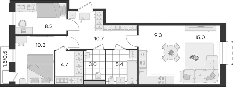 Планировка — Театральный, 3-комн., 67 м²