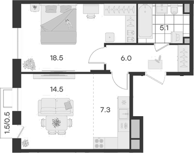Планировка — Театральный, 2-комн., 51 м²