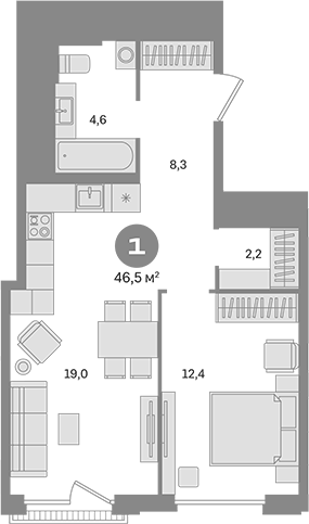 Планировка — Квартал Герцена, 1-комн., 47 м²