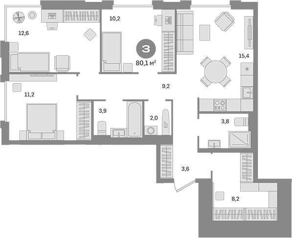 Планировка — Квартал Герцена, 3-комн., 80 м²