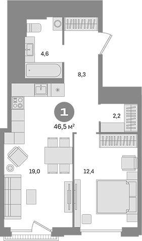 Планировка — Квартал Герцена, 1-комн., 47 м²