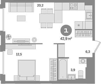 Планировка — Квартал Герцена, 1-комн., 43 м²