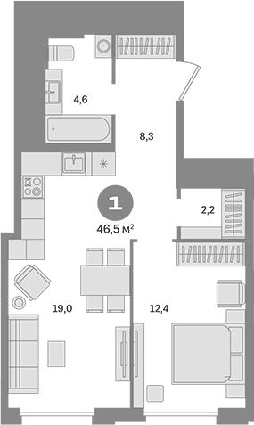 Планировка — Квартал Герцена, 1-комн., 47 м²