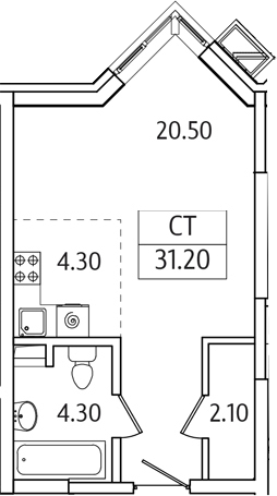 Планировка — Видный Берег 2.0, Студия, 31 м²