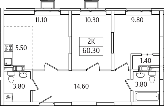 Планировка — Видный Берег 2.0, 2-комн., 60 м²
