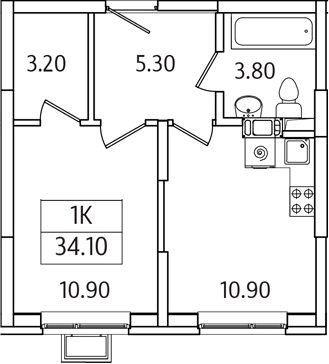 Планировка — Видный Берег 2.0, 1-комн., 34 м²