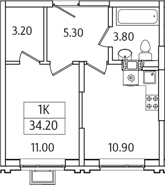 Планировка — Видный Берег 2.0, 1-комн., 34 м²