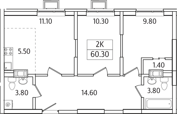 Планировка — Видный Берег 2.0, 2-комн., 60 м²