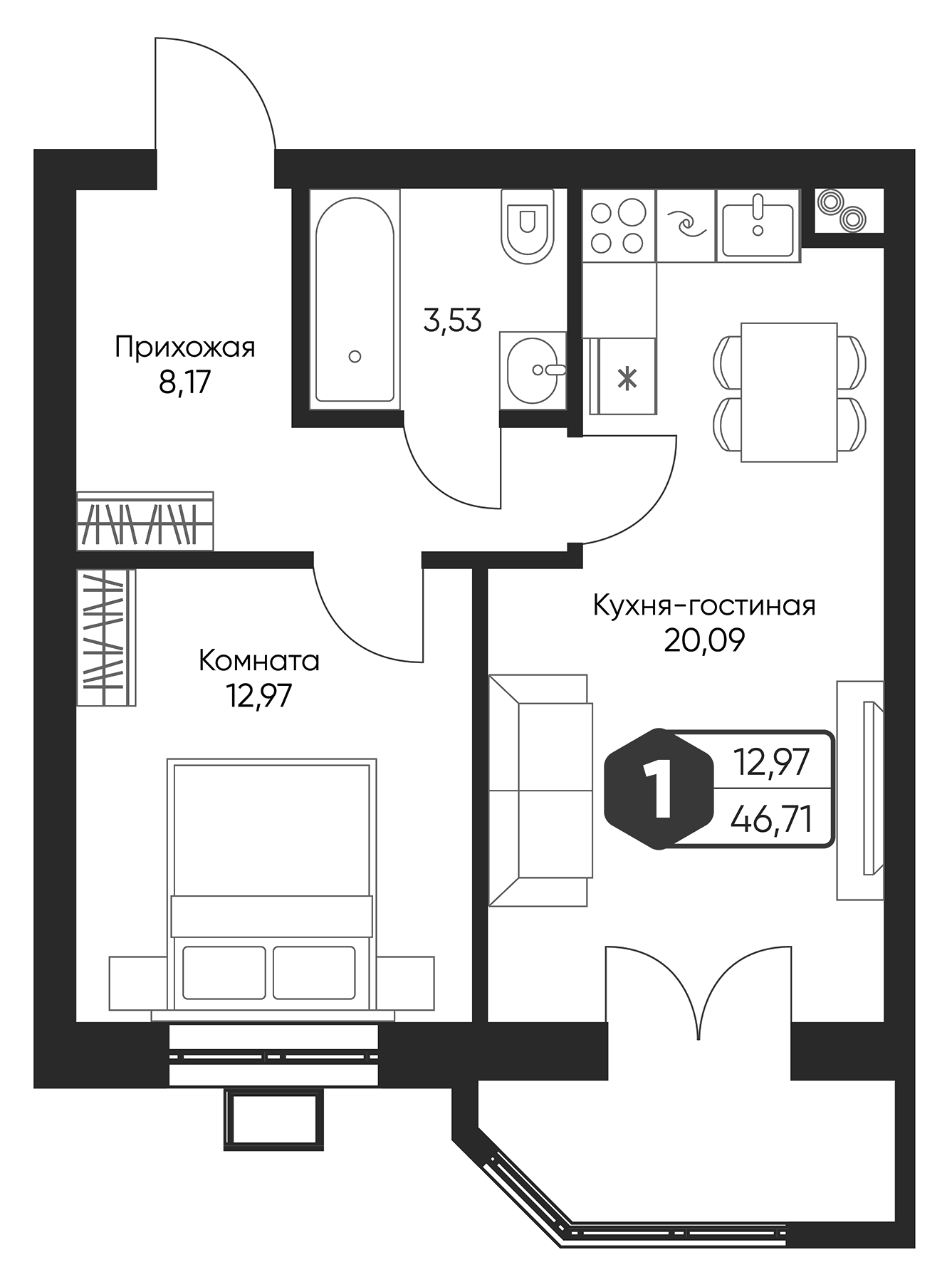 Планировка — Мечта квартал Дружба, 2-комн., 45 м²