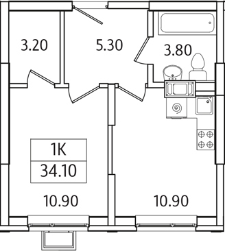 Планировка — Видный Берег 2.0, 1-комн., 34 м²