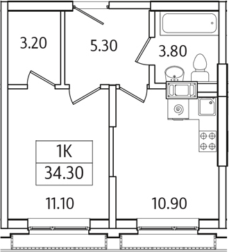 Планировка — Видный Берег 2.0, 1-комн., 34 м²