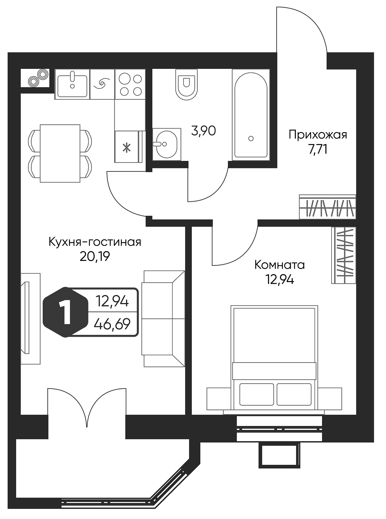 Планировка — Мечта квартал Дружба, 2-комн., 45 м²