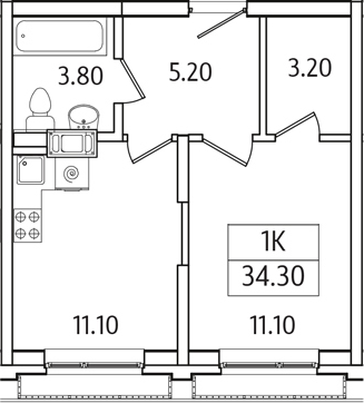 Планировка — Видный Берег 2.0, 1-комн., 34 м²