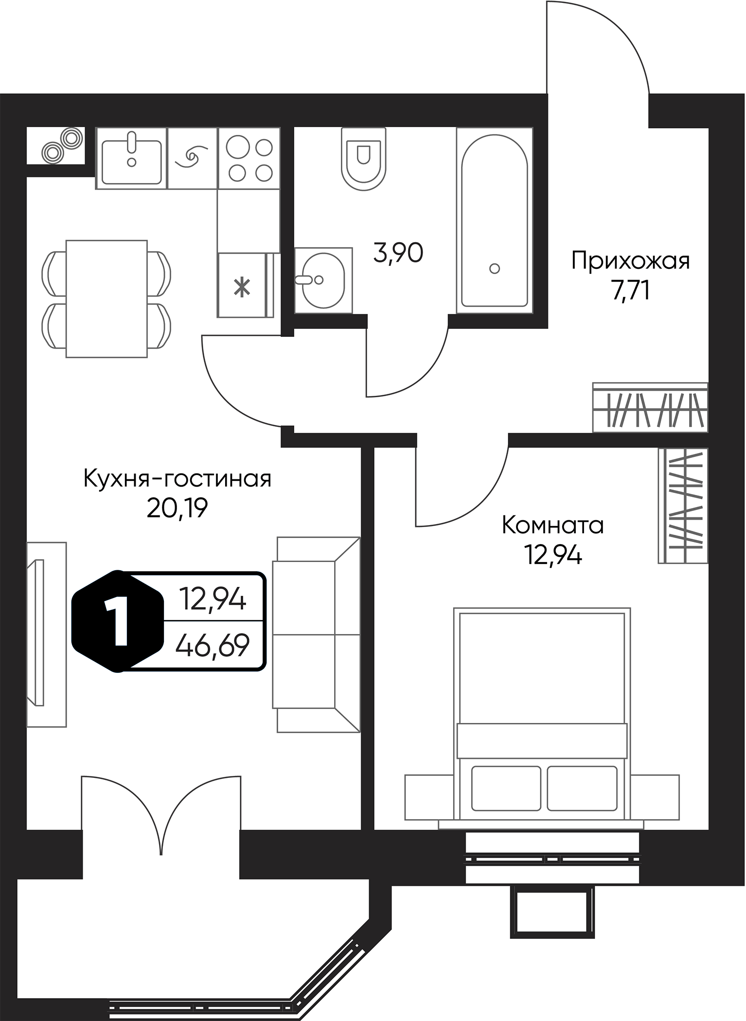 Планировка — Мечта квартал Дружба, 2-комн., 45 м²