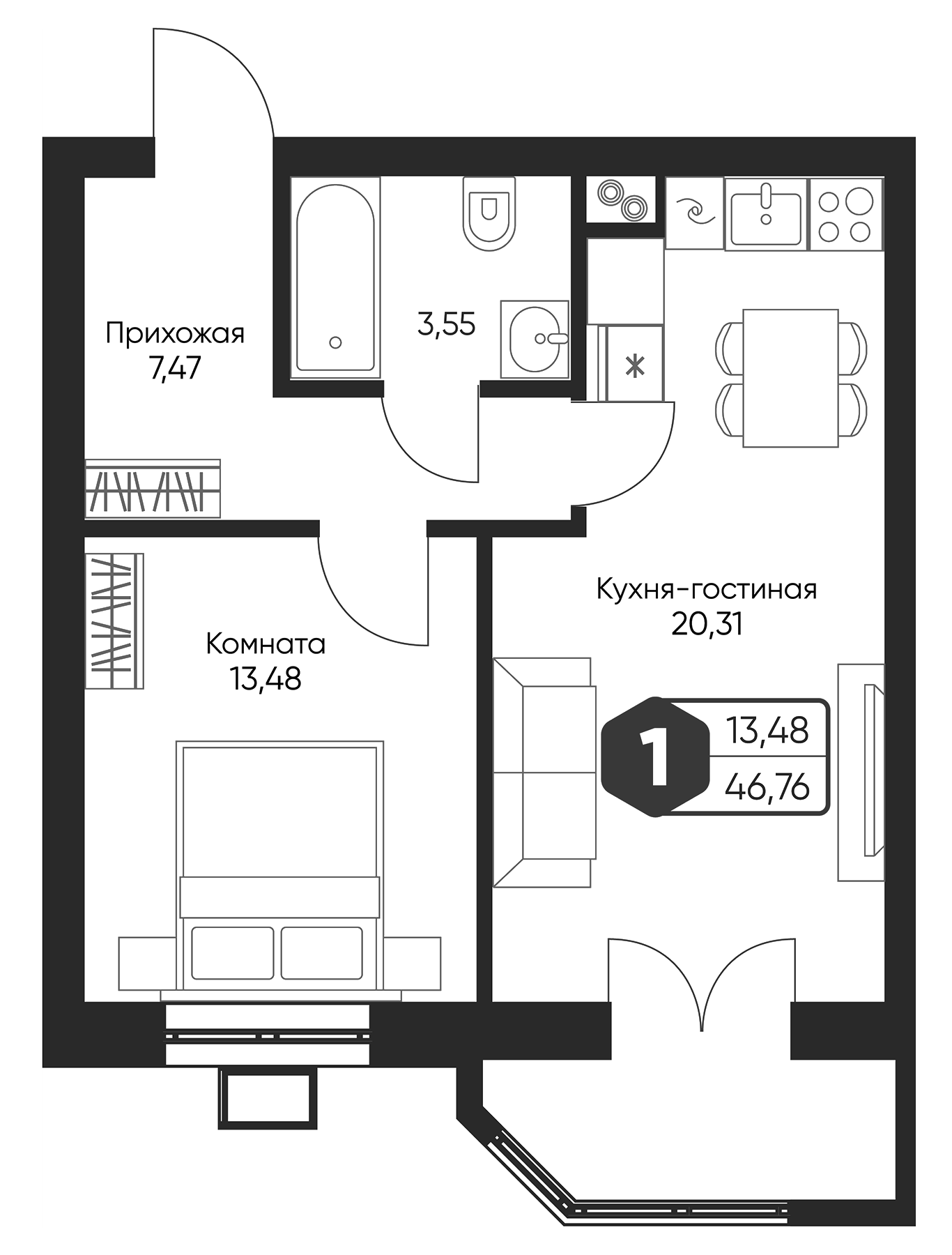 Планировка — Мечта квартал Дружба, 2-комн., 45 м²
