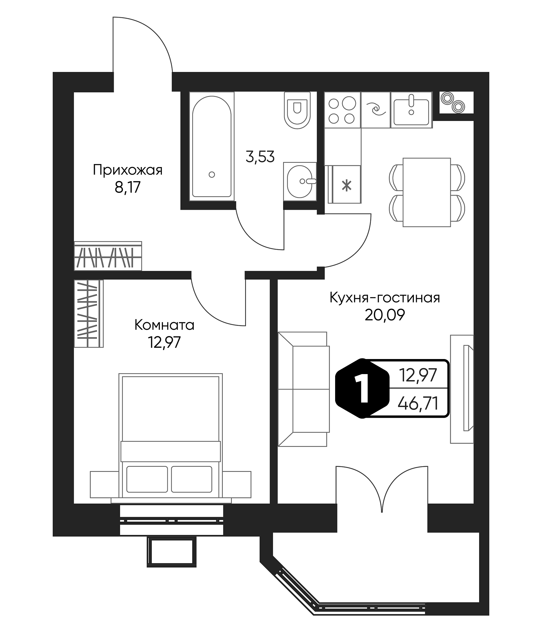 Планировка — Мечта квартал Дружба, 2-комн., 45 м²