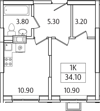 Планировка — Видный Берег 2.0, 1-комн., 34 м²