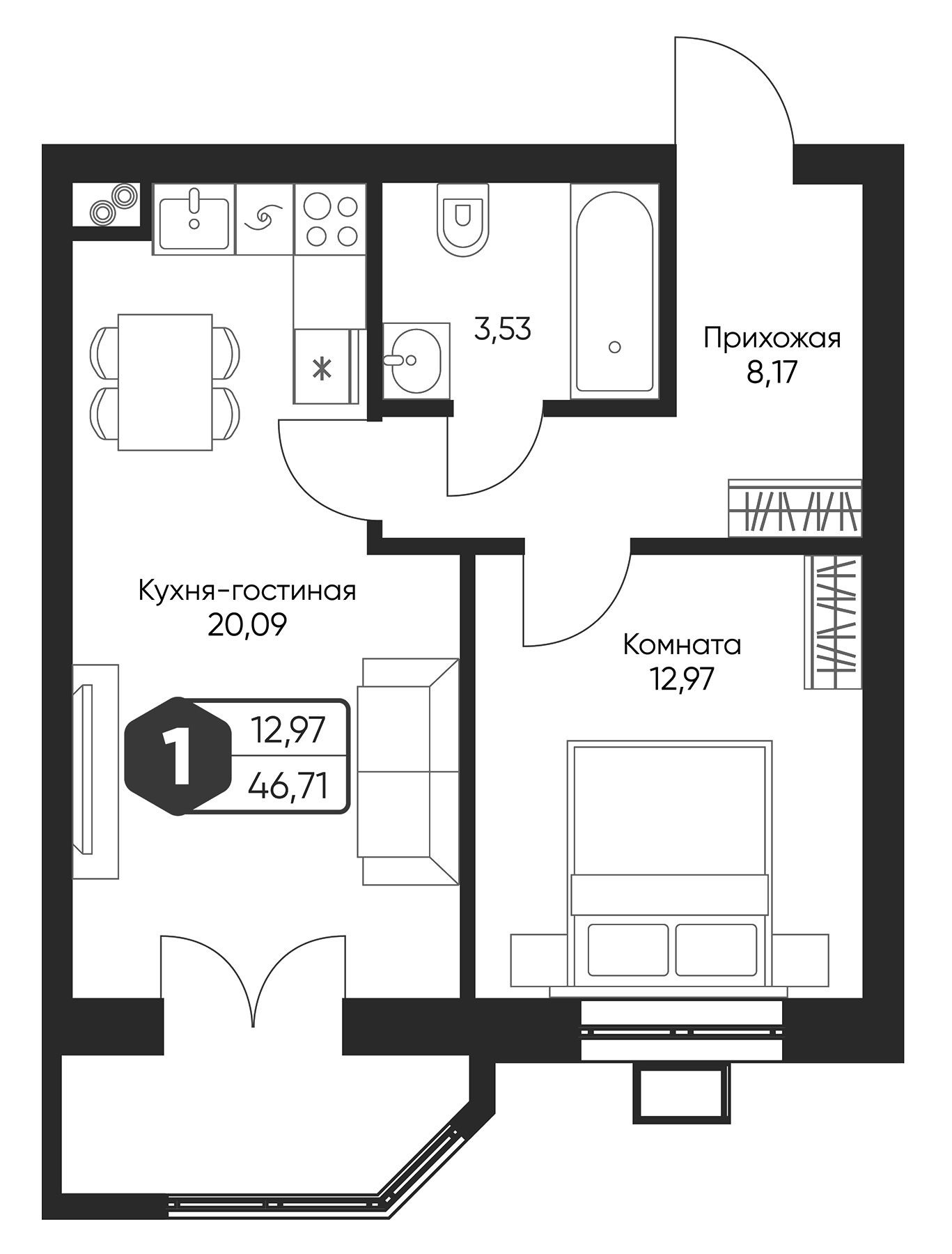 Планировка — Мечта квартал Дружба, 2-комн., 45 м²