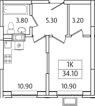 Планировка — Видный Берег 2.0, 1-комн., 34 м²