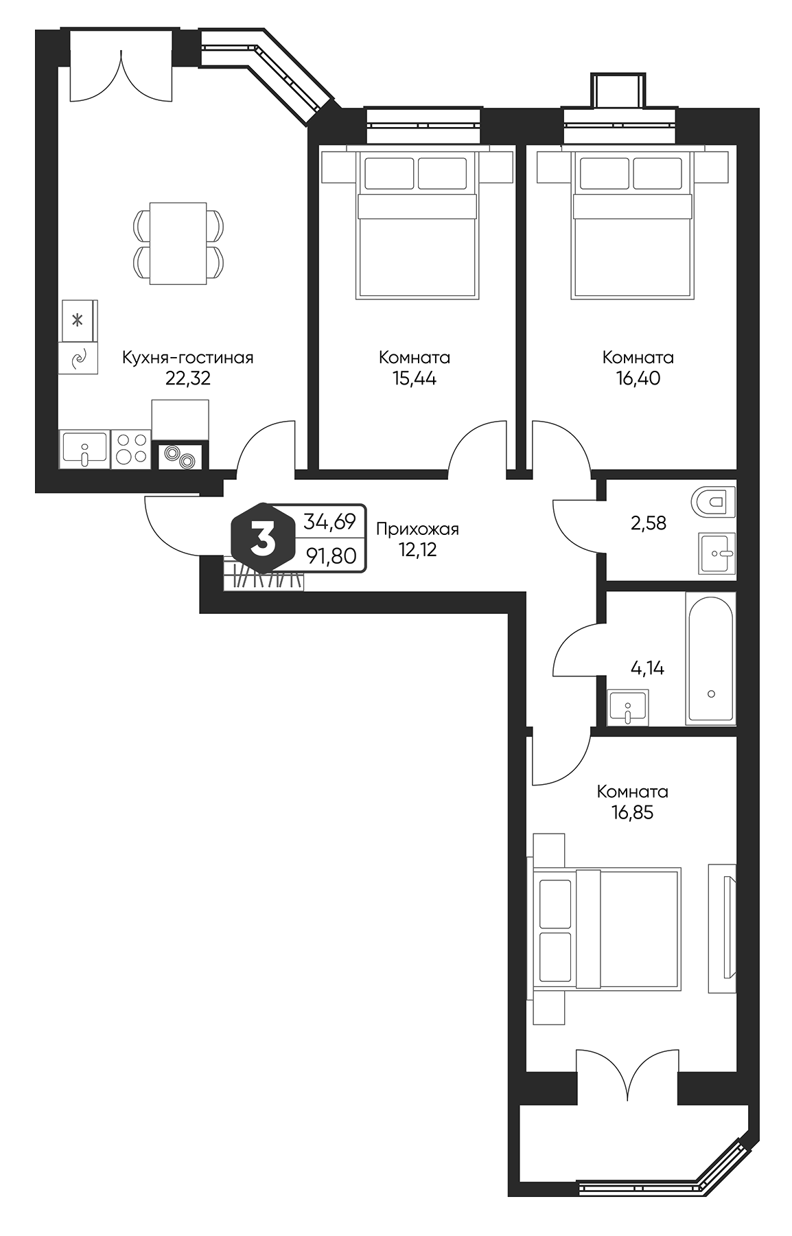 Планировка — Мечта квартал Дружба, 4-комн., 90 м²
