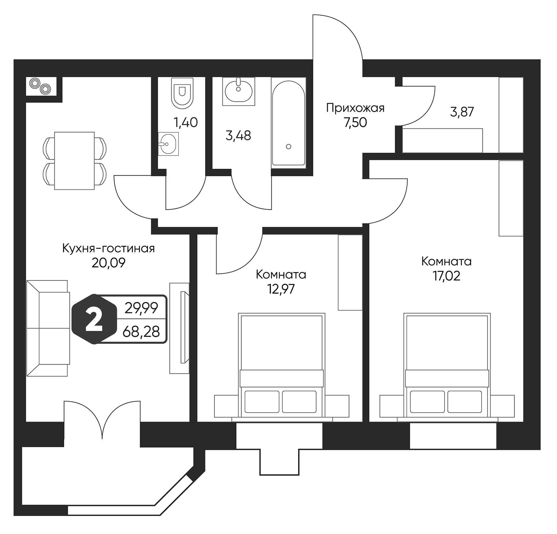Планировка — Мечта квартал Дружба, 3-комн., 66 м²