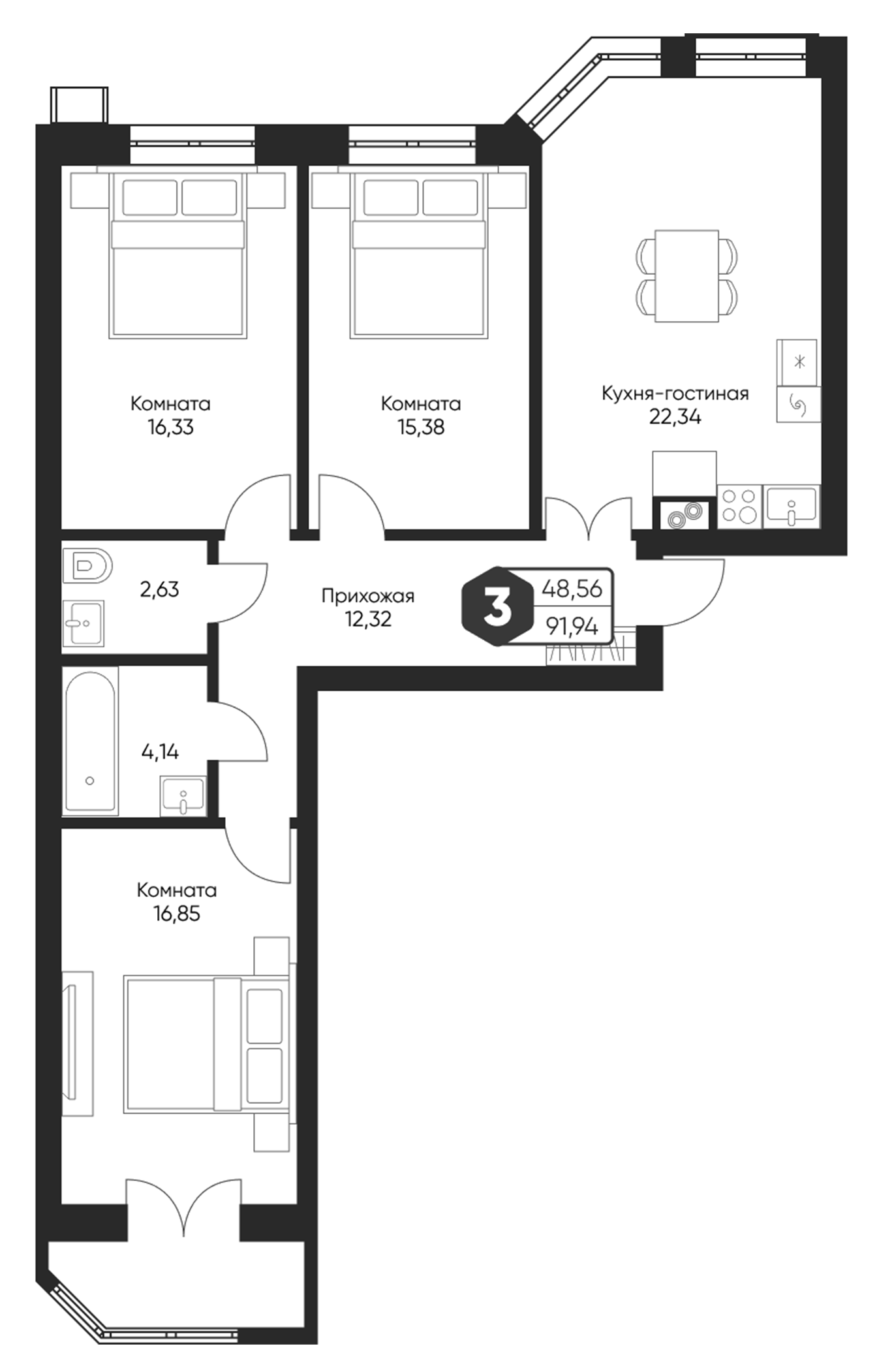 Планировка — Мечта квартал Дружба, 4-комн., 90 м²