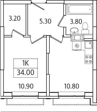 Планировка — Видный Берег 2.0, 1-комн., 34 м²