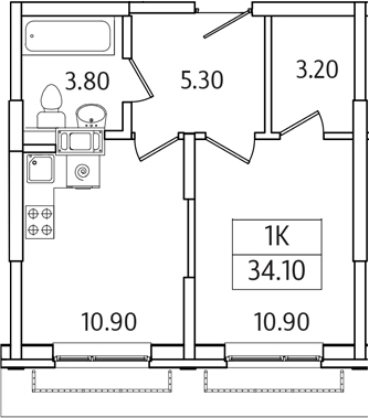 Планировка — Видный Берег 2.0, 1-комн., 34 м²