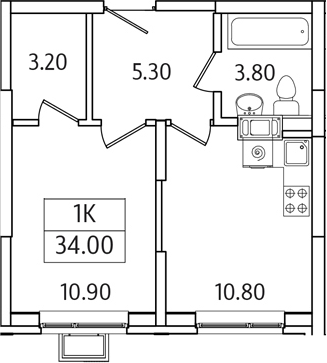 Планировка — Видный Берег 2.0, 1-комн., 34 м²
