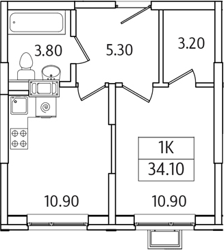 Планировка — Видный Берег 2.0, 1-комн., 34 м²