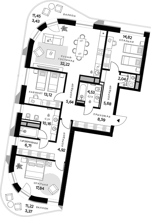 Планировка — СберСити, 3-комн., 126 м²