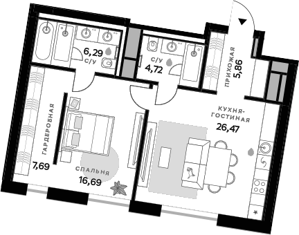 Планировка — СберСити, 1-комн., 68 м²