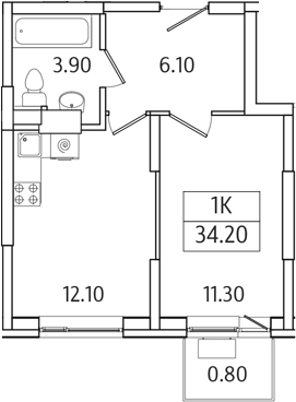 Планировка — Видный Берег 2.0, 1-комн., 33 м²