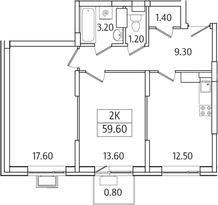 Планировка — Видный Берег 2.0, 2-комн., 59 м²