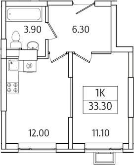 Планировка — Видный Берег 2.0, 1-комн., 33 м²