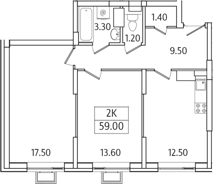 Планировка — Видный Берег 2.0, 2-комн., 59 м²
