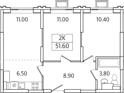 Планировка — Видный Берег 2.0, 2-комн., 52 м²