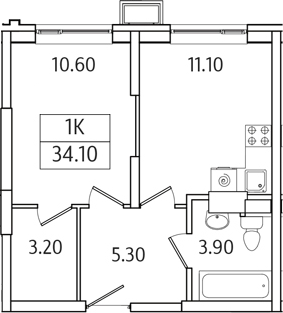 Планировка — Видный Берег 2.0, 1-комн., 34 м²