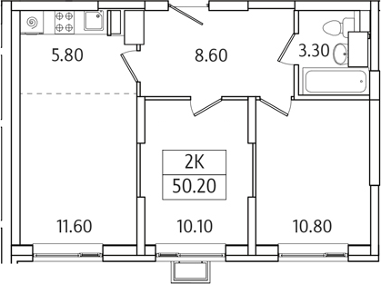 Планировка — Видный Берег 2.0, 2-комн., 50 м²