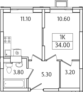 Планировка — Видный Берег 2.0, 1-комн., 34 м²