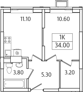 Планировка — Видный Берег 2.0, 1-комн., 34 м²