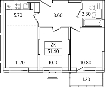 Планировка — Видный Берег 2.0, 2-комн., 50 м²