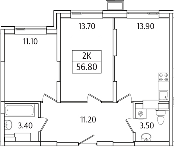 Планировка — Видный Берег 2.0, 2-комн., 57 м²