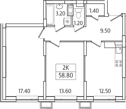 Планировка — Видный Берег 2.0, 2-комн., 59 м²