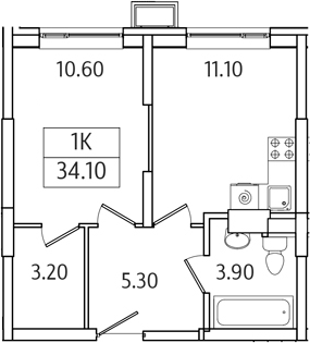 Планировка — Видный Берег 2.0, 1-комн., 34 м²