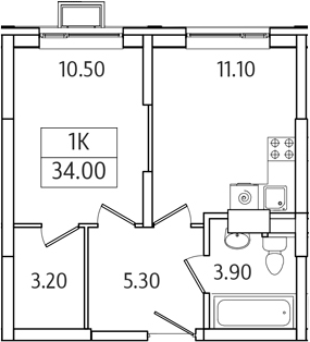 Планировка — Видный Берег 2.0, 1-комн., 34 м²