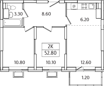 Планировка — Видный Берег 2.0, 2-комн., 52 м²