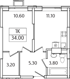 Планировка — Видный Берег 2.0, 1-комн., 34 м²